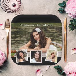 Plato De Papel Festividad de cumpleaños del collage de fotos negr