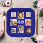 Plato De Papel Festividad de cumpleaños, mujer de color azul mari<br><div class="desc">Un plato de papel para una fiesta de cumpleaños número 40 (o cualquier edad) por celebrar una vida con un collage de ocho de tus propias fotos. Plantillas la edad de 40 años y una fecha. Fecha de nacimiento o fecha del fiesta. Fondo azul marino.</div>