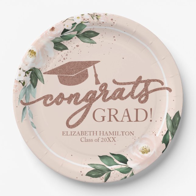 Plato De Papel Festividad de Grad Pink Rubor Floral Graduation Pa (Anverso)