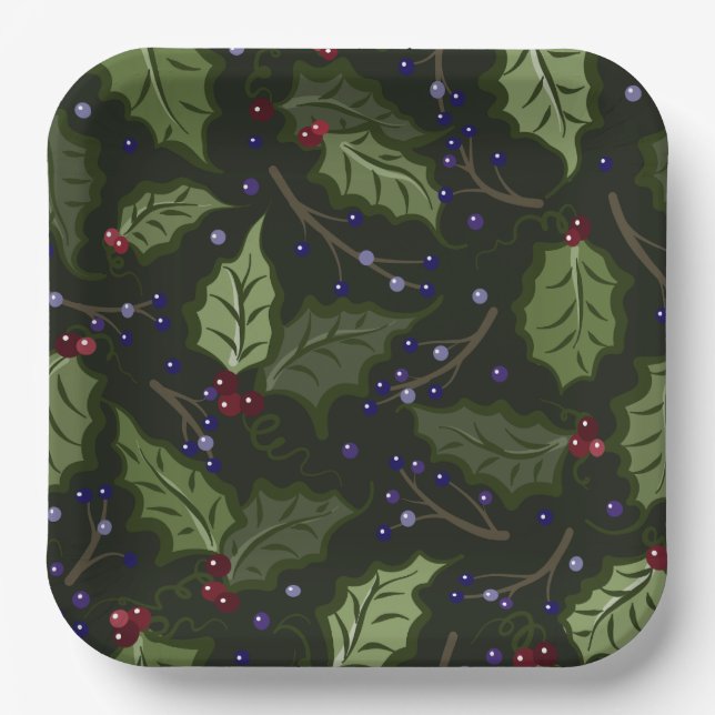 Plato De Papel Festividad de Holly y Purple Berries (Anverso)