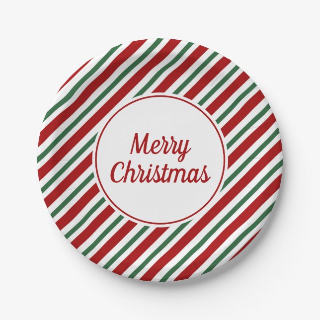 Plato De Papel Festividad de las franjas verdes rojas Feliz Navid (Anverso)