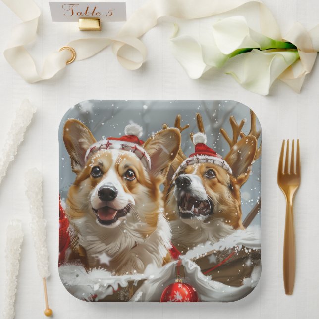 Plato De Papel Festividad de los Navidades de perro de Corgi (Boda)