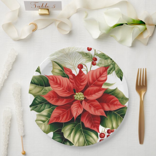 Plato De Papel Festividad de los Navidades de Poinsettia Verde Ro (Boda)