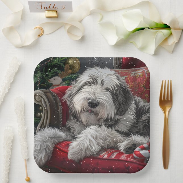 Plato De Papel Festividad de Navidades de Sheepdog ingleses viejo (Boda)
