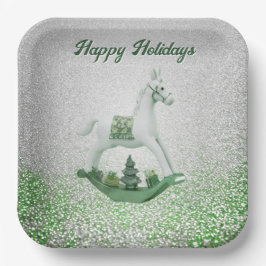 Plato De Papel Festividad de Navidades verdes de caballos blancos