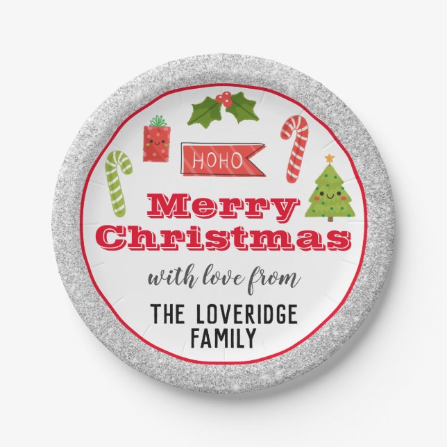 Plato De Papel Festividad Feliz Navidad Purpurina de Plata Roja (Anverso)