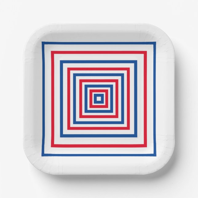 Plato De Papel Festividad geométrica de cuadrados azul rojo patri (Anverso)