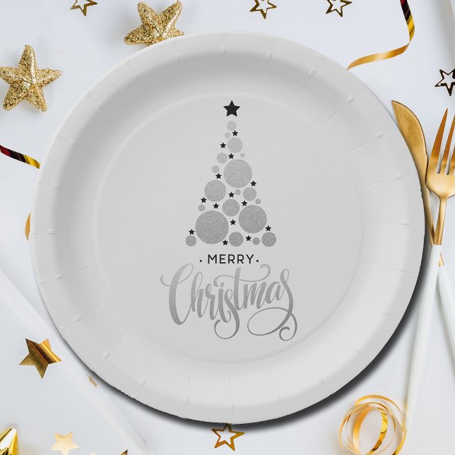 Plato De Papel Festividad moderna del árbol de Navidad plateado (Modern Silver Christmas Tree Holiday Paper Plates)