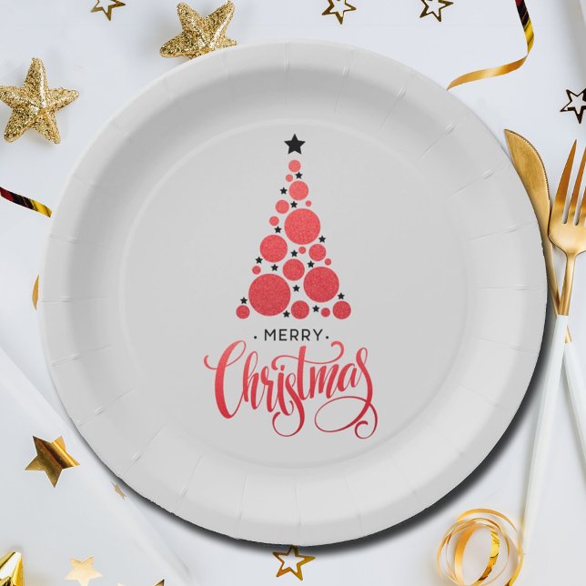 Plato De Papel Festividad moderna del árbol de Navidad rojo (Modern Red Christmas Tree Holiday Paper Plates)
