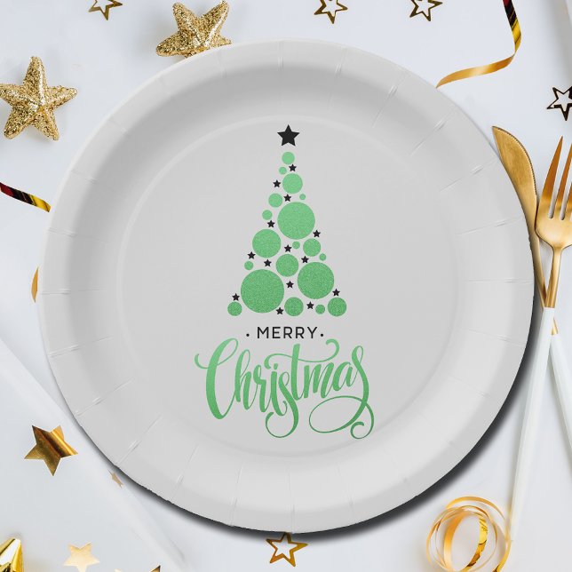 Plato De Papel Festividad moderna del árbol de Navidad verde (Modern Green Christmas Tree Holiday Paper Plates)