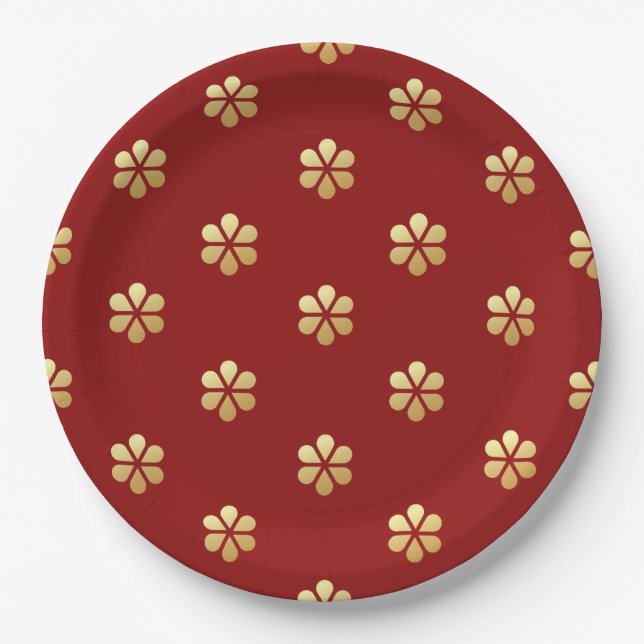 Plato De Papel Festividad Navidades modernos Red & Gold Daisy (Anverso)