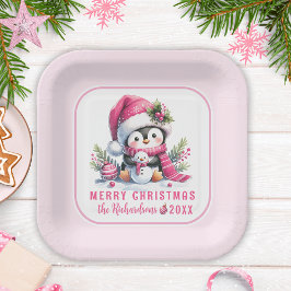 Plato De Papel Festividad Personalizado rosa pingüino lindo Feliz