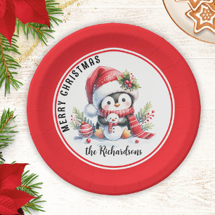 Plato De Papel Festividad pingüino rojo y blanco Feliz Navidad