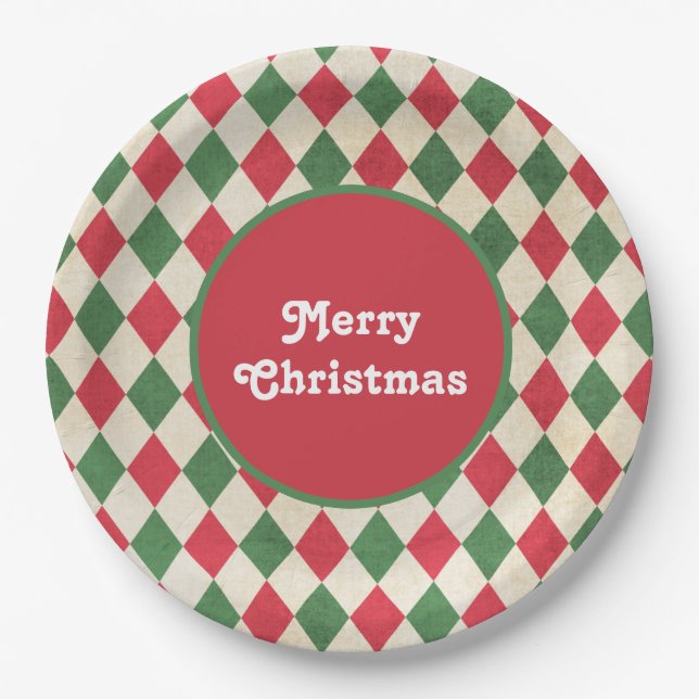Plato De Papel Festividad Retro Red Green Harlequin (Anverso)