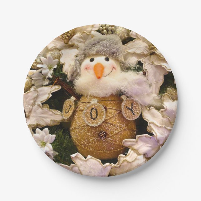 Plato De Papel Festividad Rustic Burlap Snowman Poinsettia (Anverso)