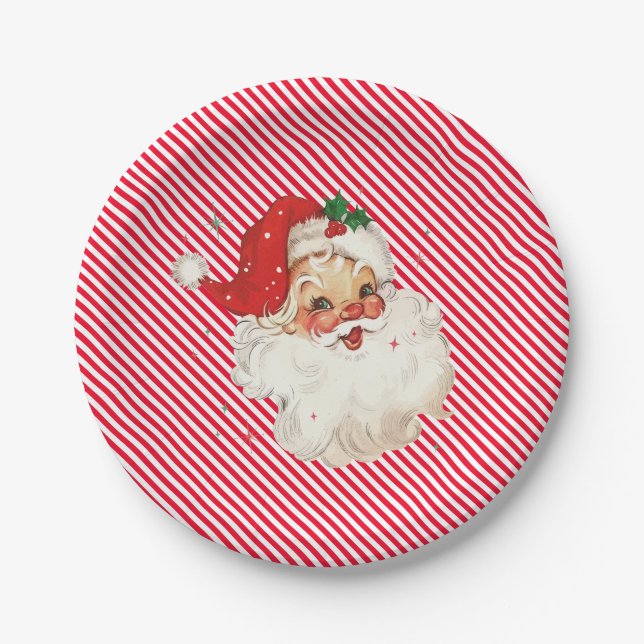 Plato De Papel Festividad Stripe Red Retro Santa (Anverso)