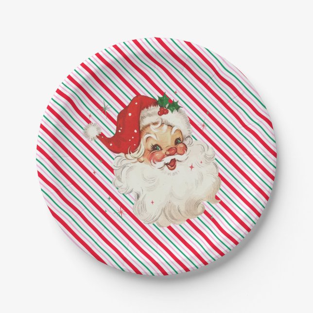 Plato De Papel Festividad Stripe Retro Santa (Anverso)
