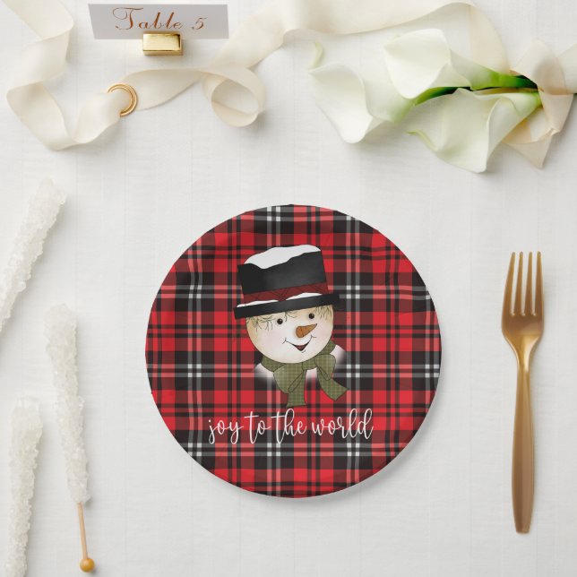 Plato De Papel Festividades Red y Black Tartan Snowman navidades (Boda)