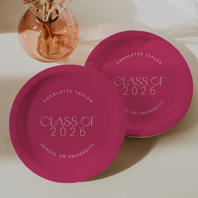 Plato De Papel Fete moderno | Clase rosa caliente de graduación 2 (Modern Fete | Hot Pink Class of 2026 Graduation Paper Plates)