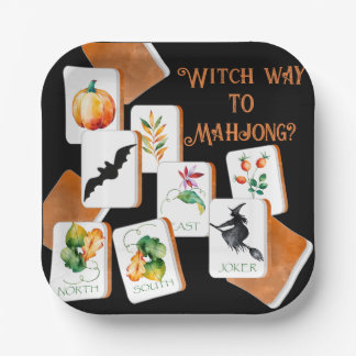 Plato De Papel Fichas de Mahjong de Halloween Negras y Naranjas