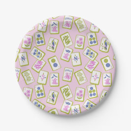 Plato De Papel Fichas de Mahjong Elegantes sobre Rosa Pastel