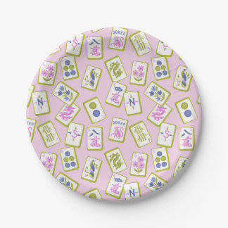 Plato De Papel Fichas de Mahjong Elegantes sobre Rosa Pastel