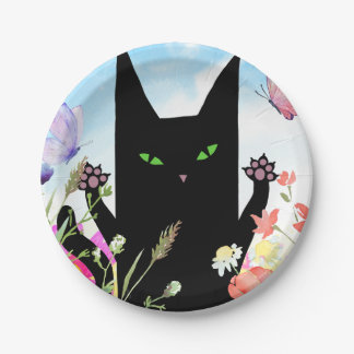 Plato De Papel Fiebre primaveral del gato negro: gatito y flores