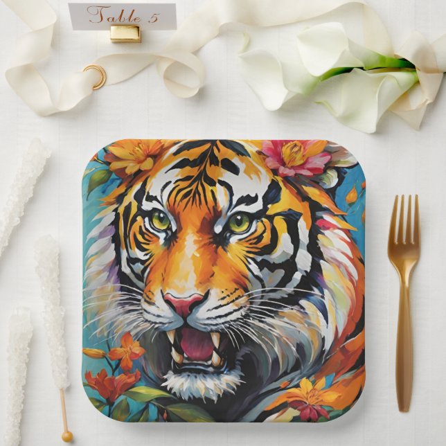 Plato De Papel Fierce Tiger Floral (Boda)