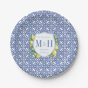 Plato De Papel Fiesta Amalfi Lemons de Boda Azul Y Blanca