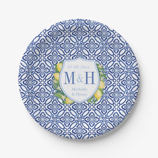 Plato De Papel Fiesta Amalfi Lemons de Boda Azul Y Blanca (Anverso)