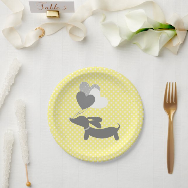 Plato De Papel Fiesta amarillo de Dachshund Placas globos (Boda)