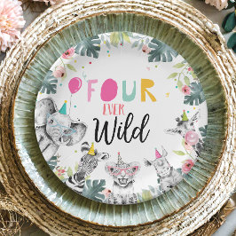 Plato De Papel Fiesta Animales Chica Safari Rosa Cuatro Años Salv