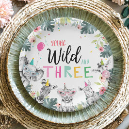 Plato De Papel Fiesta Animales Safari Chica Pink Tercer Cumpleaño