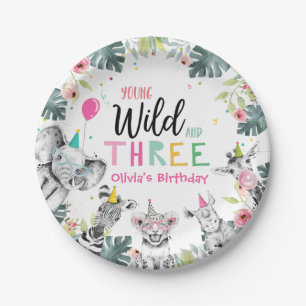 Plato De Papel Fiesta Animales Safari Chica Pink Tercer Cumpleaño
