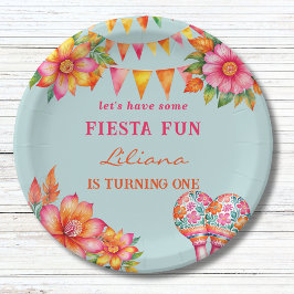 Plato De Papel Fiesta azul color de flores rosadas primer cumplea