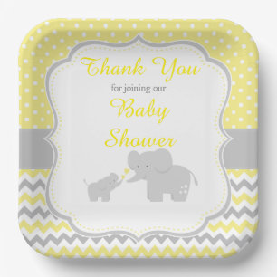 Plato De Papel Fiesta Baby Shower amarillo elefante y gris