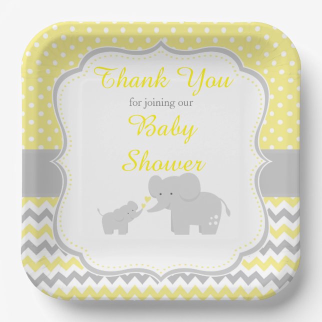 Plato De Papel Fiesta Baby Shower amarillo elefante y gris (Anverso)