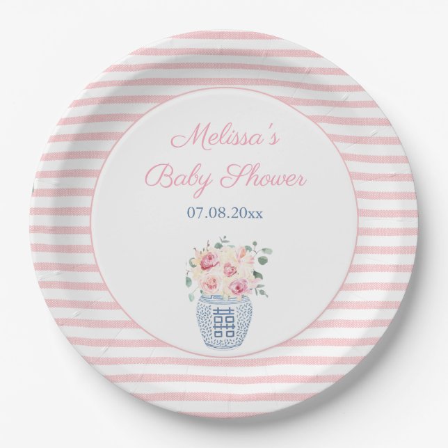 Plato De Papel Fiesta Baby Shower Chica Floral Blanco Y Rosa Dulc (Anverso)