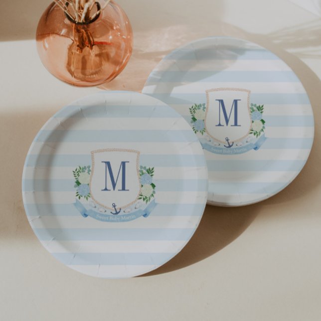 Plato De Papel Fiesta Baby Shower Classic Nautical Monogram Boy (Coastal monogram crest initial monogram baby shower or wedding anniversary paper plates)