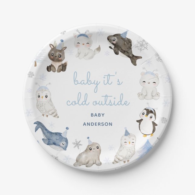 Plato De Papel Fiesta Baby Shower de Animales de Nieve de Inviern (Anverso)