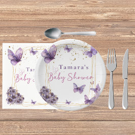 Plato De Papel Fiesta Baby Shower Floral Mariposa Purple Gold
