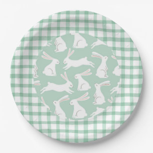 Plato De Papel Fiesta Baby Shower Green Gingham Plaid Rabbits