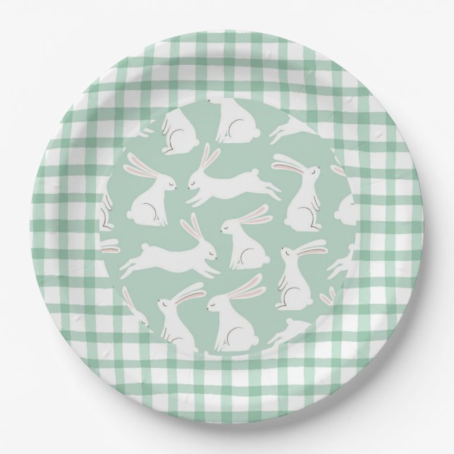 Plato De Papel Fiesta Baby Shower Green Gingham Plaid Rabbits (Anverso)