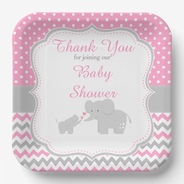 Plato De Papel Fiesta Baby Shower rosa y gris elefante (Anverso)