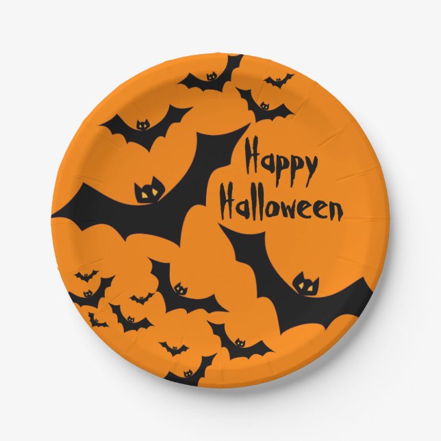 Plato De Papel Fiesta Bats Happy Halloween (Anverso)