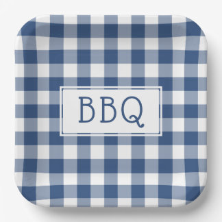 Plato De Papel Fiesta BBQ de comprobación de búfalo azul y blanco