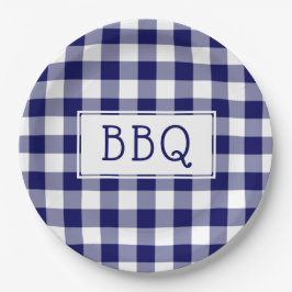 Plato De Papel Fiesta BBQ del patrón de Gingham azul clásico y bl