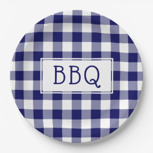 Plato De Papel Fiesta BBQ del patrón de Gingham azul clásico y bl