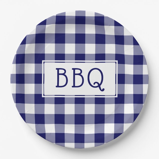 Plato De Papel Fiesta BBQ del patrón de Gingham azul clásico y bl (Anverso)