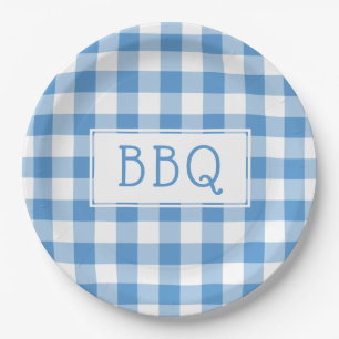 Plato De Papel Fiesta BBQ del patrón de Gingham de azul claro cl